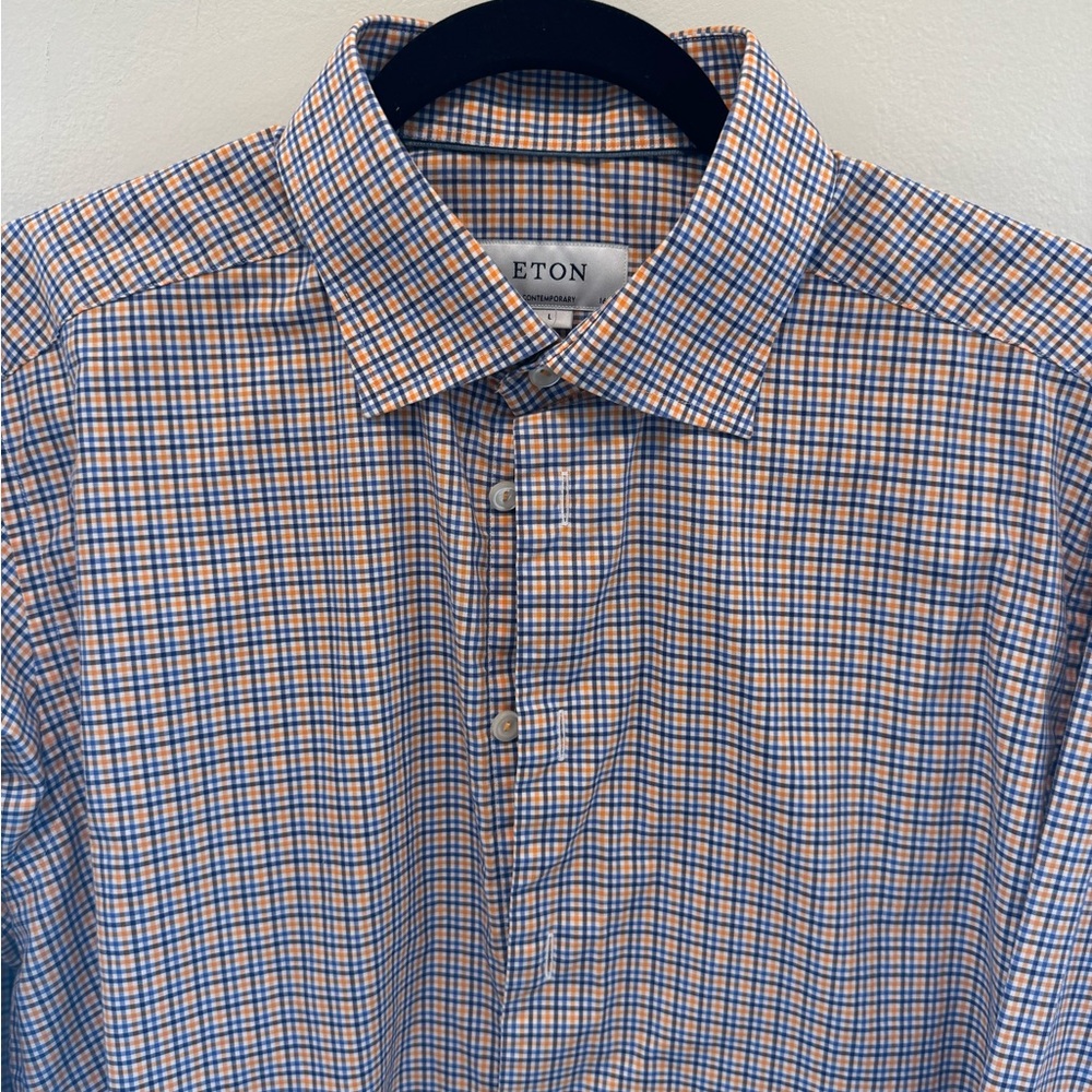 Eton Men's Blue and Orange Checkered Shirt